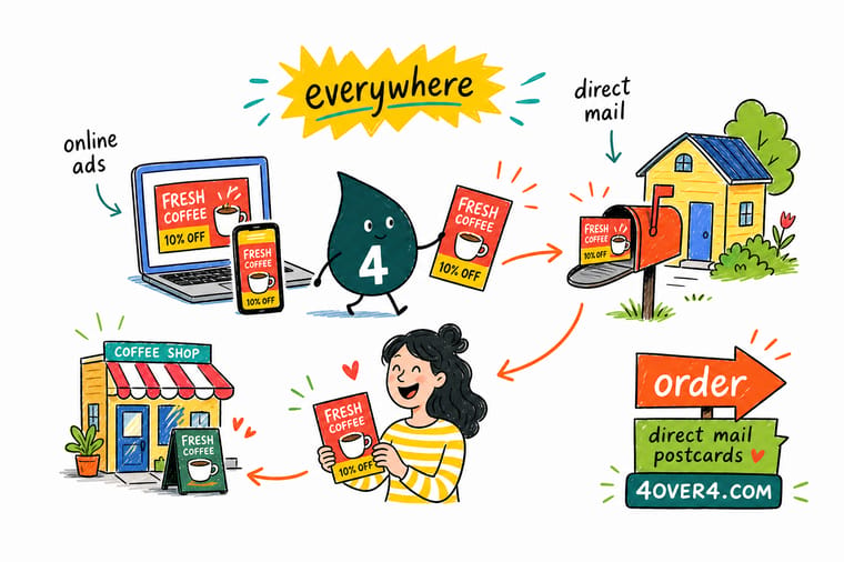 Wally from 4OVER4 connecting a printed direct mail postcard to matching Google, Facebook, Instagram, and YouTube ads for a small business