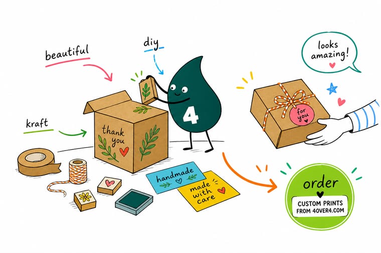 Wally from 4OVER4 dressing a plain kraft box with a sticker seal, a hang tag, and a belly band