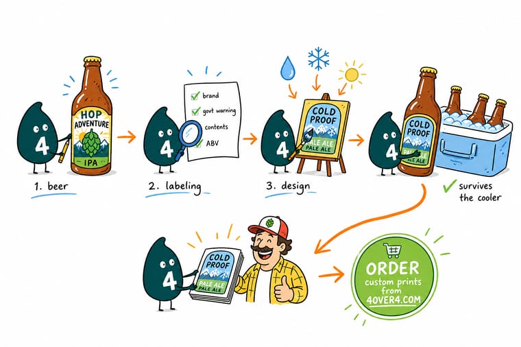 Wally, the 4OVER4 mascot with a 4, checking the government warning and net contents on a beer bottle label while the bottle sits in an ice bucket