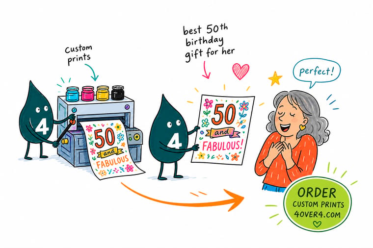 Wally from 4OVER4 sketching a personalised 50th birthday gift plan with a photo print, a card and a banner