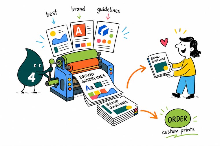Wally from 4OVER4 pointing at a brand guidelines page showing logo clear space, color chips, and type rules