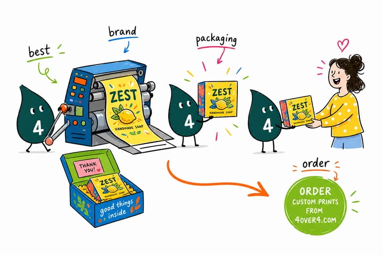 Wally from 4OVER4 branding a small-business product with a clean label, a sleeve, printed tape, and a hang tag