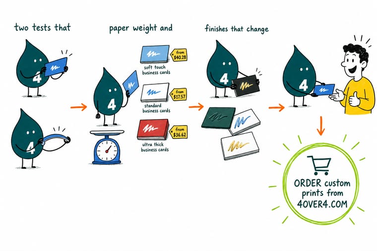 Wally, the 4OVER4 mascot with a 4, weighing a thick business card in one hand, running a thumb along a painted edge, then holding a printed card beside its proof