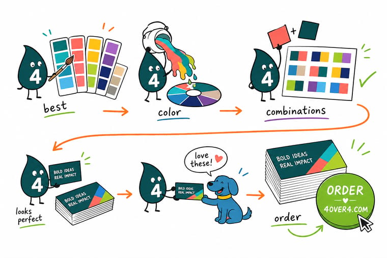 Wally, the 4OVER4 mascot holding a 4, explaining 10 best color combinations for branding and print that actually work