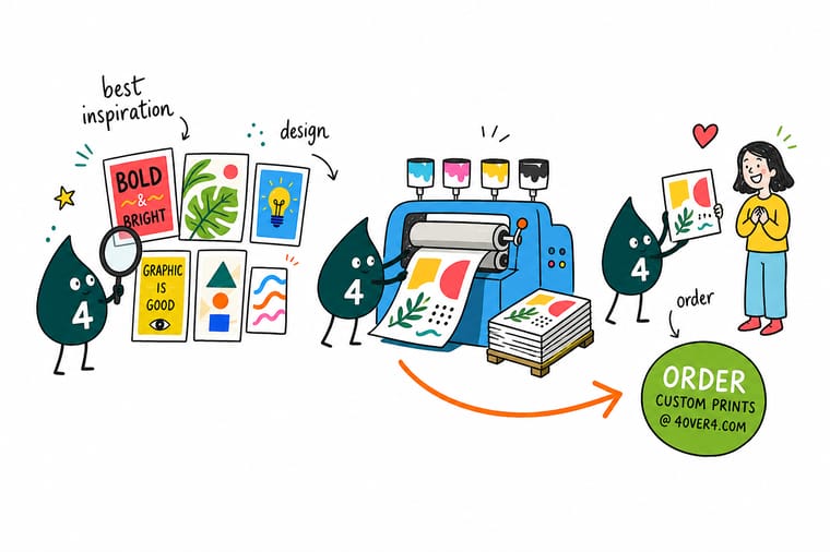 Wally from 4OVER4 pinning saved reference images to a board and rebuilding one of them as a print-ready file with bleed marks
