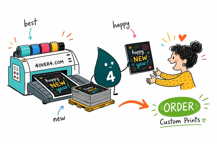 Wally from 4OVER4 choosing a New Year wish and matching it to a printed greeting card at a desk