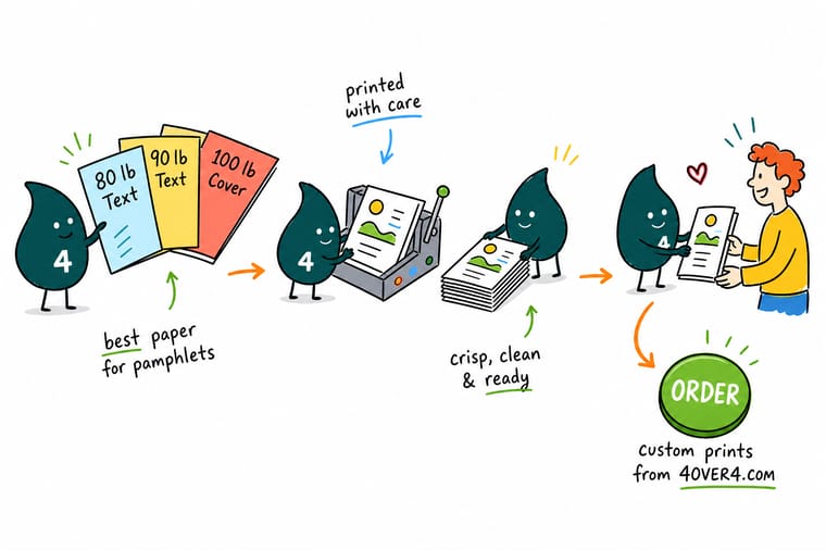 Wally, the 4OVER4 mascot with a 4, pressing a score line into a heavy coated sheet before folding it into a pamphlet