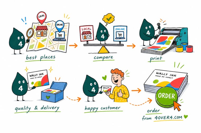 Wally the 4OVER4 mascot holding a 4 while weighing a local shop against an online order that ships, with an order arrow