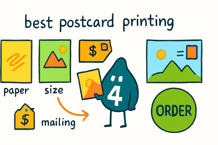 Wally, the 4OVER4 mascot with a 4, dropping a crisp custom postcard into a mailbox
