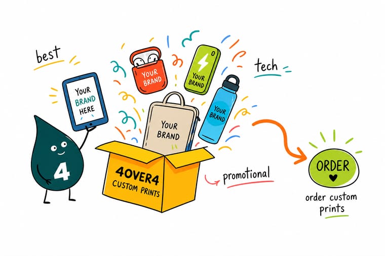 Wally from 4OVER4 packing a tech swag kit with a printed mailer box, a sticker sheet and an insert card
