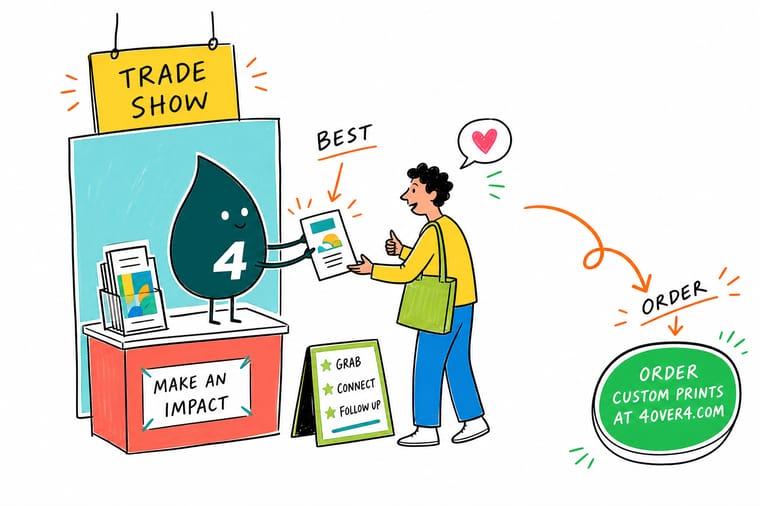 Wally from 4OVER4 handing a one-page spec sheet to an attendee at a trade show booth beside a rack of takeaway literature and a grab, connect, follow up sign