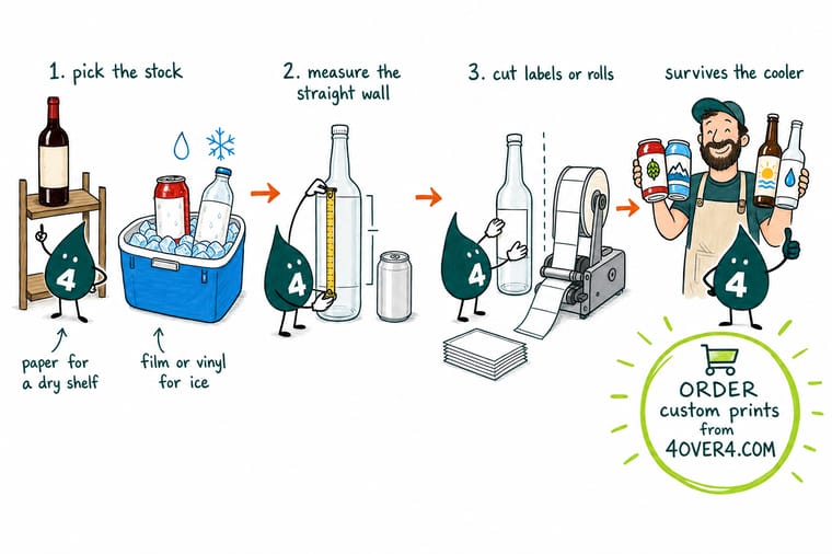 Wally, the 4OVER4 mascot with a 4, in three steps: paper labels for a wine bottle on a dry shelf and film or vinyl for cans in a cooler, measuring the straight wall of a bottle, then choosing cut labels or a roll, ending with a brewer holding labeled cans and bottles