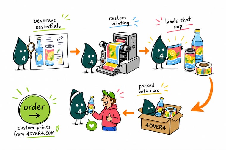 Wally, the 4OVER4 mascot with a 4, measuring the straight wall of a cold bottle with a paper strip before wrapping a waterproof label around it