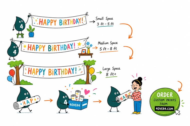 Wally, the 4OVER4 mascot with a 4, holding a tape measure across a party wall and sizing a birthday banner to fit between the doorway and the corner