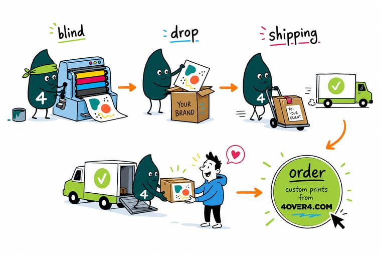 Wally, the 4OVER4 mascot with a 4, packing a plain carton, pulling the packing slip back out and sticking on a label that carries the reseller return address