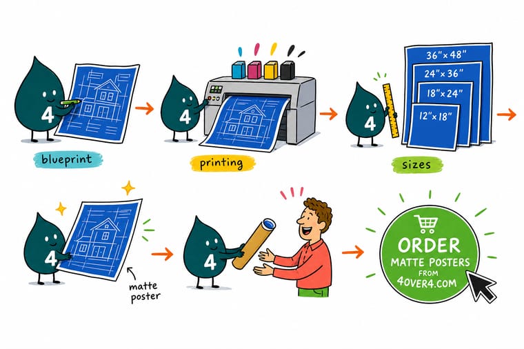 Wally, the 4OVER4 mascot holding a 4, unrolling a large scaled plan sheet next to a size ladder and an order tag