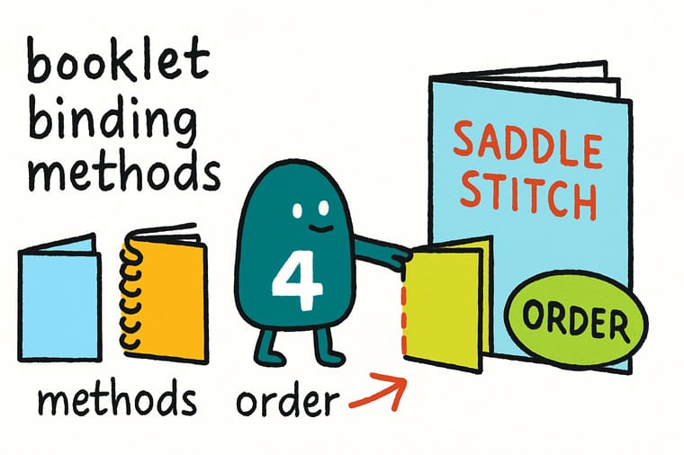 Wally, the 4OVER4 mascot, holding open a saddle stitched booklet beside a Wire-O manual and a perfect bound book