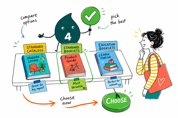 Wally compares Booklets And Catalogs options side by side at 4OVER4.COM