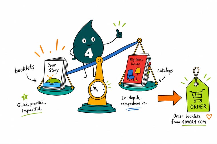 Wally, the 4OVER4 mascot holding a 4, weighing a slim informational booklet in one hand and a thick product catalog in the other to show the choice
