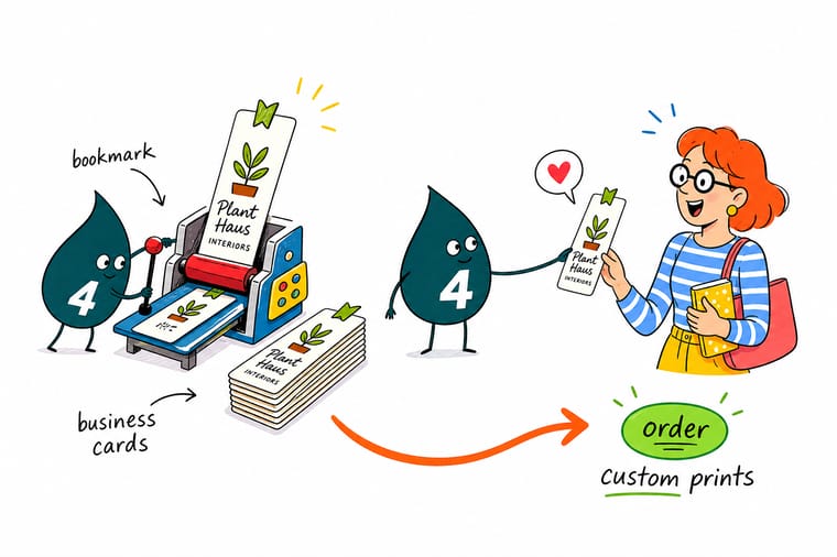 Wally from 4OVER4 holding a tall bookmark business card next to an open book to show how the format works