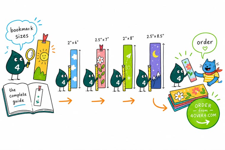 Wally, the 4OVER4 mascot holding a 4, measuring bookmarks against a size chart of 2 by 6, 2 by 7, and 2 by 8 inches