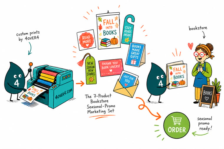 Wally, the 4OVER4 mascot holding a 4, swapping a bookstore window cling and slipping a bookmark into a book bag to show the seasonal promo set at work