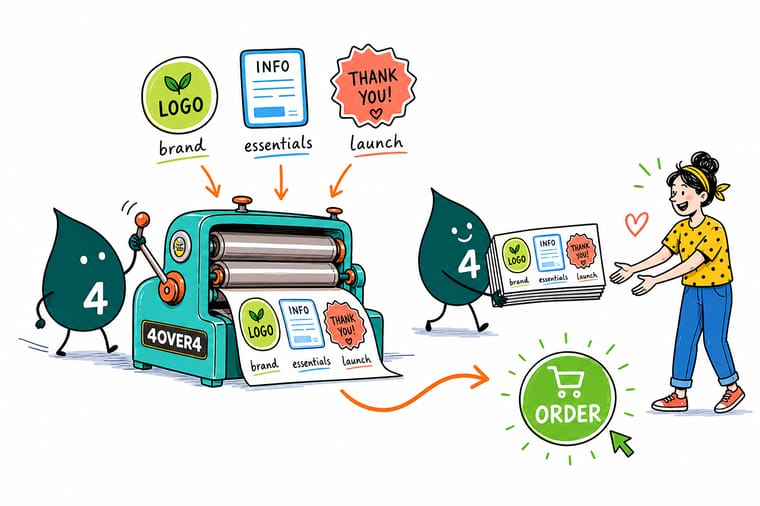 Wally, the 4OVER4 mascot, holding a jar with a premium product label beside a roll of labels and a sheet of standard labels