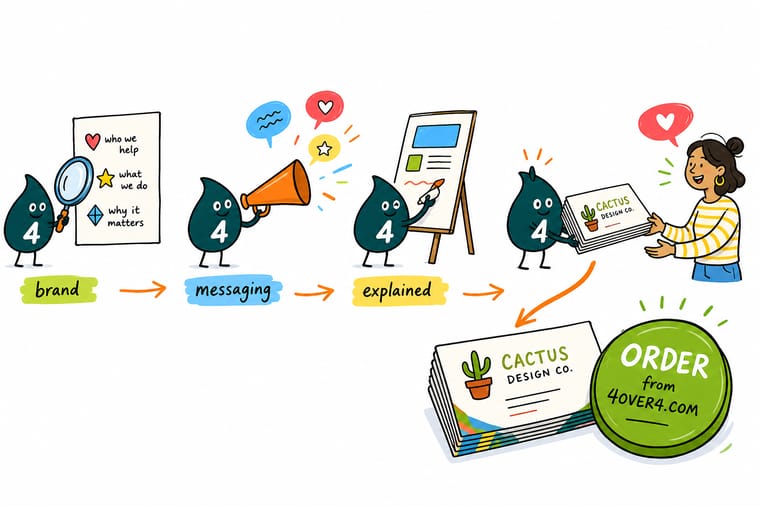 Wally, the 4OVER4 mascot holding a 4, stacking brand messaging components into a pyramid and printing them onto cards and brochures