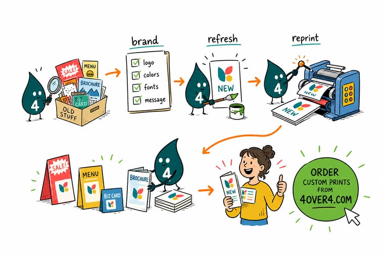 Wally, the 4OVER4 mascot with a 4, ticking off a brand refresh checklist while stacking fresh business cards, letterheads and envelopes in reorder order