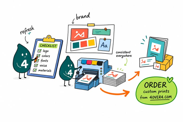 Wally from 4OVER4 checking a refreshed logo on a business card, a letterhead and an envelope before the full print run