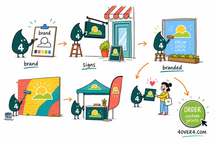 Wally, the 4OVER4 mascot with a 4, holding one paint swatch up against a banner, a window decal, an aluminum panel and an acrylic lobby sign to check they all match