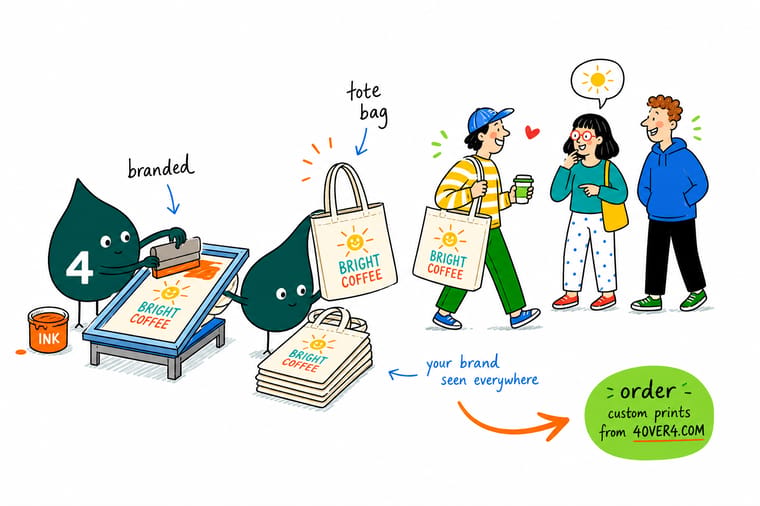 Wally, the 4OVER4 mascot, carrying a branded tote bag through a busy street while the printed logo faces outward