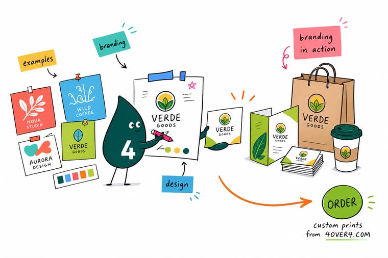 Wally from 4OVER4 comparing brand design examples and matching them to printed business cards and banners