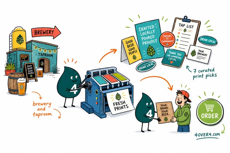 Wally, the 4OVER4 mascot holding a 4, arranging beer labels, coasters, a tap list, and brewery stickers as one matching taproom set