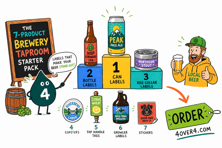 Wally, the 4OVER4 mascot holding a 4, setting out a beer can, a coaster, a menu, and a banner to outfit a new taproom