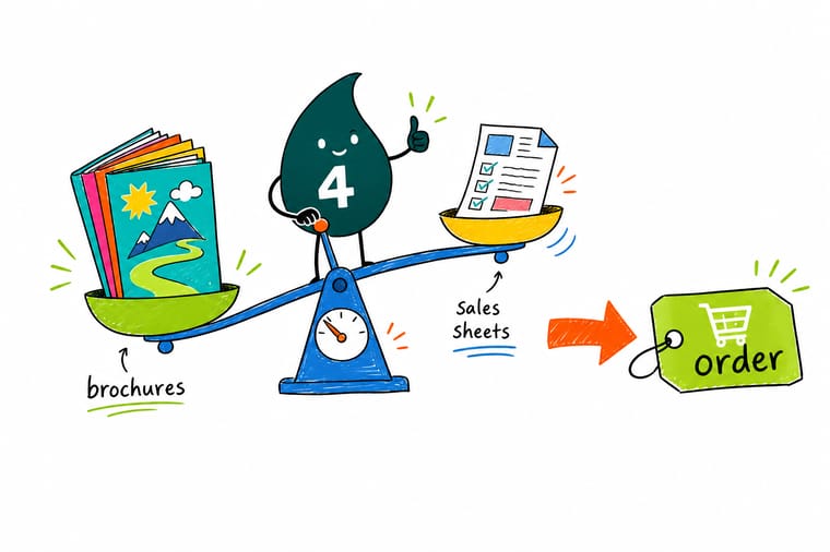 Wally, the 4OVER4 mascot holding a 4, opening a folded brochure in one hand and holding up a flat sales sheet in the other to show the choice