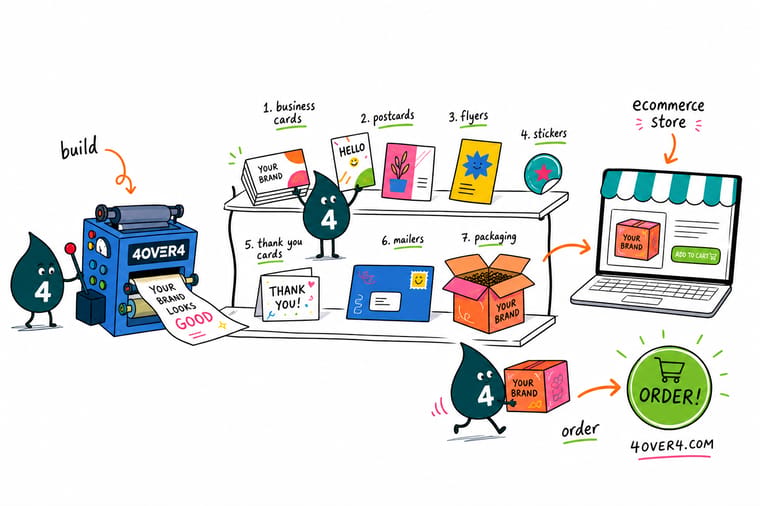 Wally, the 4OVER4 mascot holding a 4, packing an ecommerce order box with a labelled product, a hang tag, a thank you card, a sticker, tissue paper and branded tape