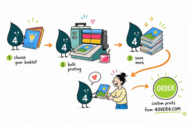 Wally, the 4OVER4 mascot with a 4, dividing one setup cost across a growing stack of booklets while the per copy price drops