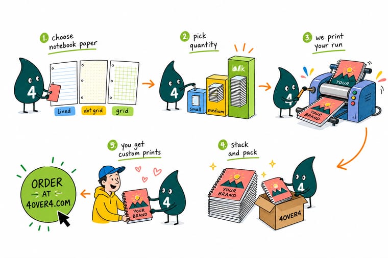 Wally, the 4OVER4 mascot with a 4, walking through a branded notebook run: choosing lined, dot grid or grid paper, picking a small, medium or bulk quantity, printing the covers, stacking and packing them, then handing the finished spiral notebook to a customer