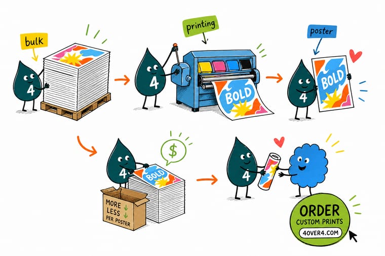 Wally, the 4OVER4 mascot with a 4, splitting one press setup cost across a growing stack of printed posters