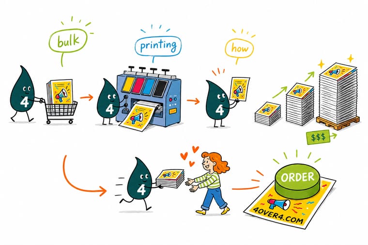 Wally, the 4OVER4 mascot holding a 4, climbing a staircase of quantity where each step drops the per-unit price