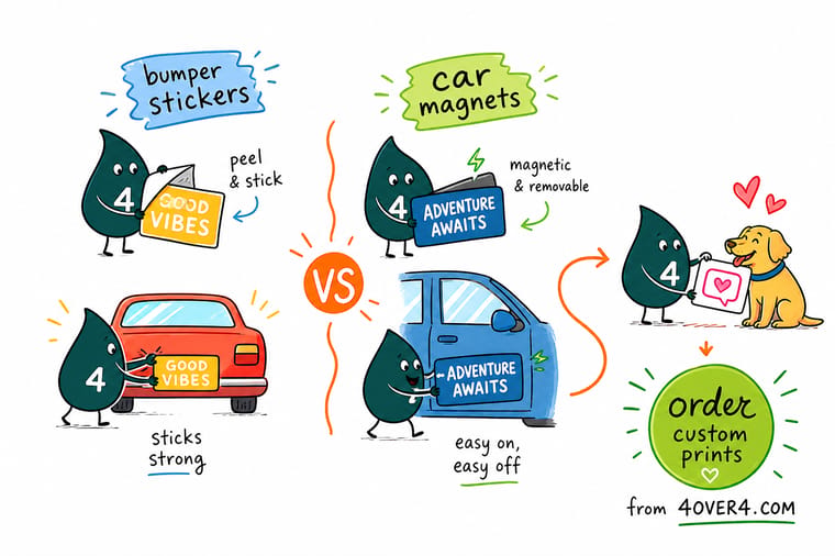 Wally, the 4OVER4 mascot holding a 4, weighing a permanent bumper sticker in one hand against a removable car magnet in the other to show which vehicle format fits the job
