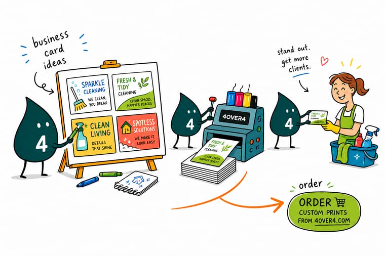 Wally from 4OVER4 designing a cleaning service business card with a QR booking code, spray-bottle die-cut shape, and thick premium stock