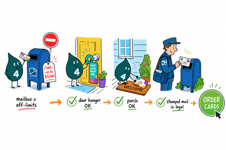 Wally, the 4OVER4 mascot with a 4, hanging a card on a doorknob instead of the mailbox to stay on the right side of postal law