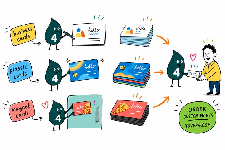 Wally, the 4OVER4 mascot with a 4, holding a paper card, a plastic card and a magnet card and pointing each one to a pocket, a wallet and a fridge