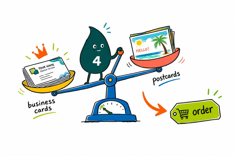 Wally, the 4OVER4 mascot holding a 4, weighing a pocket-sized business card in one hand and a mailed postcard in the other to match each format to its job