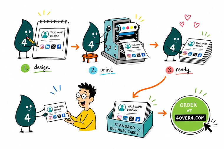 Wally, the 4OVER4 mascot with a 4, adding neat social media icons to a business card so it links straight to your profiles