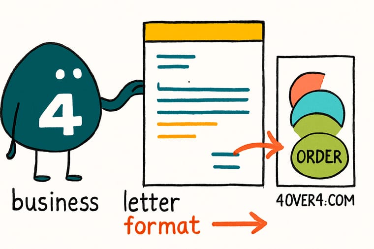 Wally, the 4OVER4 mascot with a 4, holding a ruler against a letterhead sheet to mark the 2 inch drop for the date and the 1 inch side margins