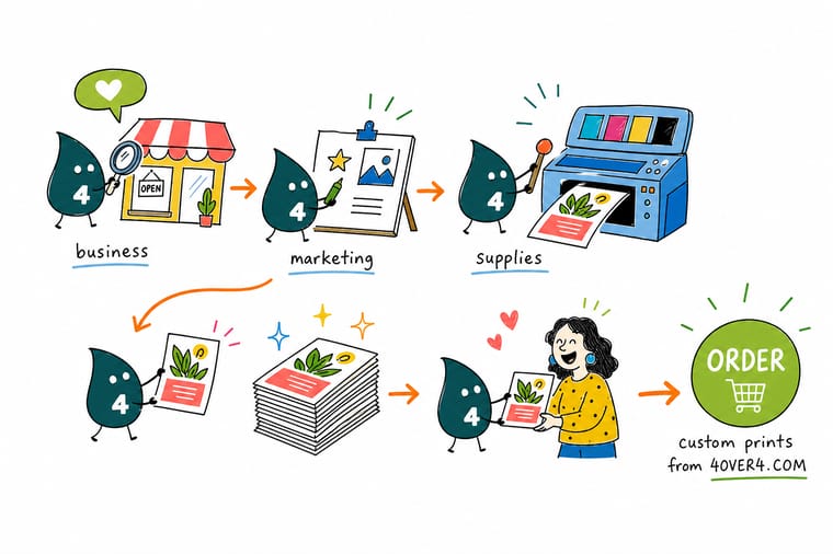 Wally, the 4OVER4 mascot with a 4, laying out a business card, a flyer, a brochure, a postcard and a rolled banner in buying order along a bench