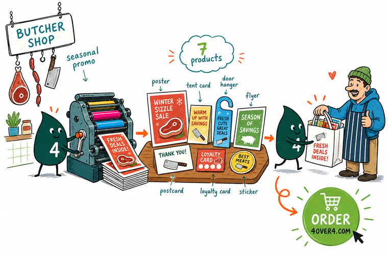 Wally, the 4OVER4 mascot holding a 4, arranging a butcher shop's seasonal calendar with a label, hangtag, banner, and gift box on each selling peak